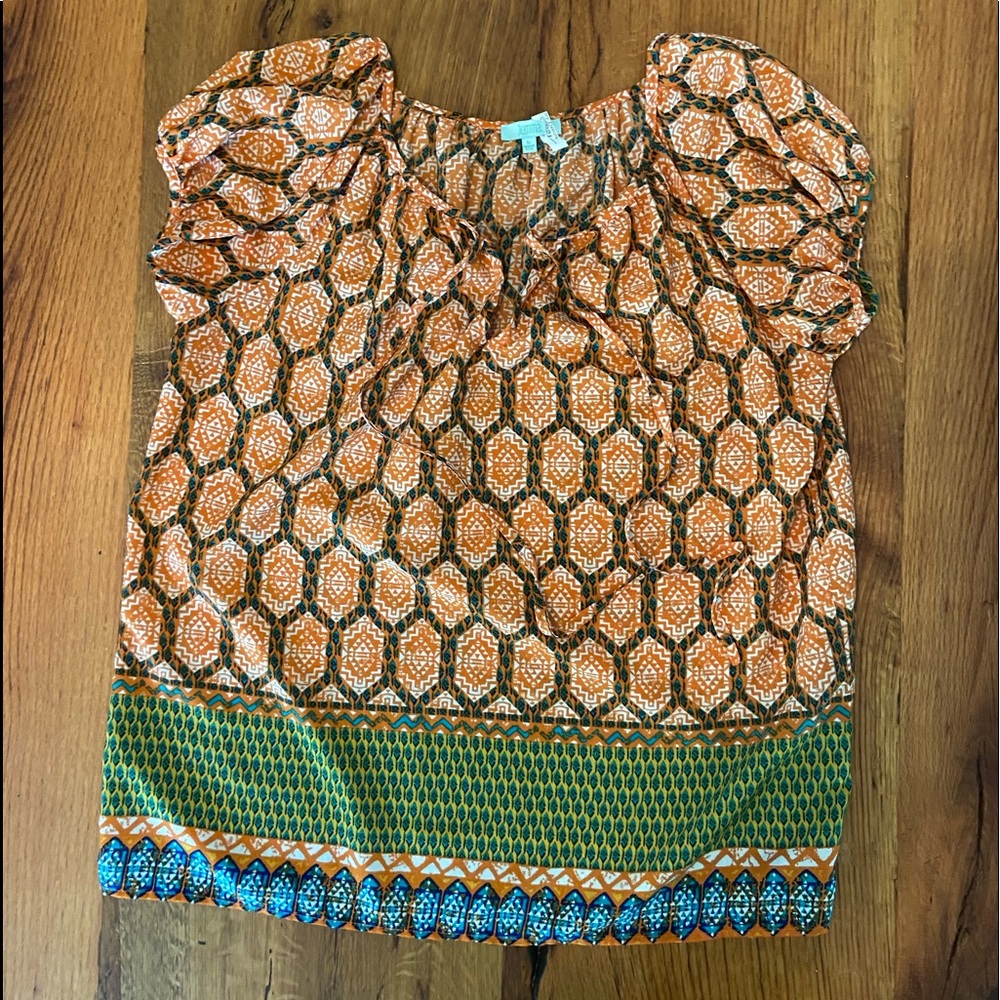 Jemma Boho Short Sleeve Blouse in Fun Colorful Geometric Print, Size Small